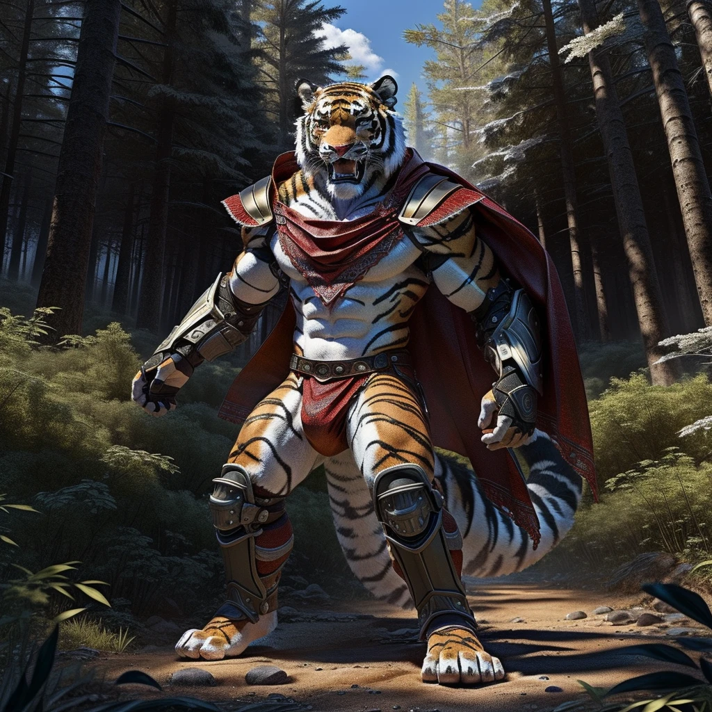 Tiger,Young Adults,Strong,handsome,warrior,Sexy body,毛茸茸的Tiger爪,Scantily clad(Scapula,Armor knee pads,Crotch bulge,The genitals are extremely prominent,The outline of the genitals is clearly visible,Red torn shawl,Bare chest and abdomen,Bare thighs,barefoot),expression(vigilante,Gnashing of teeth),action(Standing,vigilante),Alone,Looking angrily at the camera,Challenge the camera character to a duel,environment(Clearing in open forest,There are sparse low weeds around,There are pine trees in the distance)