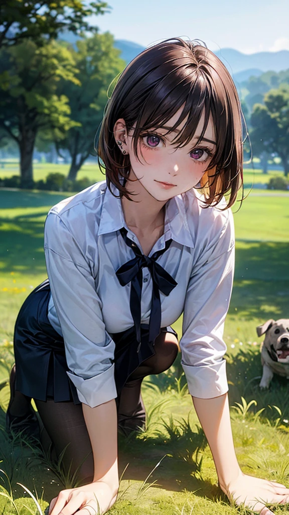 (masterpiece:1.2, top-quality), (realistic, photorealistic:1.4), beautiful illustration, (natural side lighting, movie lighting),
looking at viewer, 1 woman, japanese, 22 years old, high school teacher, perfect face, cute and symmetrical face, shiny skin, babyface,
(short hair, straight hair, dark brown hair), hair between eyes, dark purple eyes, (middle breasts, seductive thighs, big ass), piercings,
beautiful hair, beautiful face, beautiful detailed eyes, beautiful clavicle, beautiful body, beautiful chest, beautiful thigh, beautiful legs, beautiful fingers,
((navy tight skirt, white collared shirt), open shirt, black pantyhose), purple neck ribbon, ,
(beautiful scenery), In a grassy meadow, a girl is on all fours and a dog is hugging her from behind, holding her back and holding her close at the waist.
Her face is bright red and flushed, her eyes are closed, her mouth is open and she cries out.