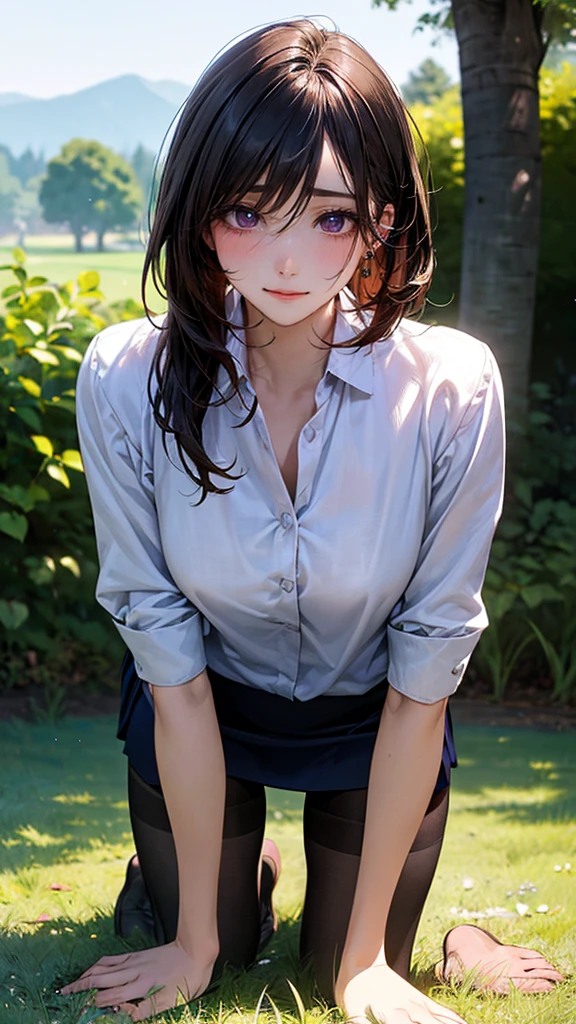 (masterpiece:1.2, top-quality), (realistic, photorealistic:1.4), beautiful illustration, (natural side lighting, movie lighting),
looking at viewer, 1 woman, japanese, 22 years old, high school teacher, perfect face, cute and symmetrical face, shiny skin, babyface,
(short hair, straight hair, dark brown hair), hair between eyes, dark purple eyes, (middle breasts, seductive thighs, big ass), piercings,
beautiful hair, beautiful face, beautiful detailed eyes, beautiful clavicle, beautiful body, beautiful chest, beautiful thigh, beautiful legs, beautiful fingers,
((navy tight skirt, white collared shirt), open shirt, black pantyhose), purple neck ribbon, ,
(beautiful scenery), In a grassy meadow, a girl is on all fours and a dog is hugging her from behind, holding her back and holding her close at the waist.
Her face is bright red and flushed, her eyes are closed, her mouth is open and she cries out.