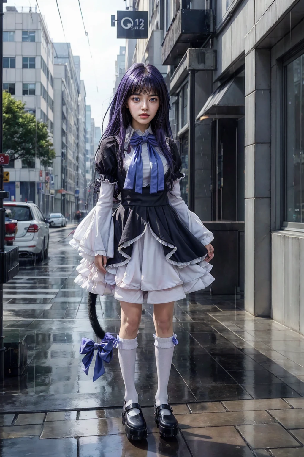 (masterpiece),best quality, frederica bernkastel,dress,  tail bow, cat tail, bowtie, purple eyes, purple hair,mary janes,  socks,  blank eyes, empty eyes,  (raining day:1.2), cloud, street, sidewalk, wet clothes, photorealistic, ((16k photography)), detailed face, ((Best Quality, Masterpiece: 1.3)), Sharp Focus: 1.2, A Beautiful Woman with Perfect Figure: 1.4, Slim Abs: 1.2, (Layered Hairstyle,: 1.2)), Rain: 1.3, Street: 1.2, Wet Body: 1.1, Highly Detailed Face and Skin Texture, Detailed Eyes, Double Eyelids, Big Breasts, Smile, irene1, CGI photography hyper realistic