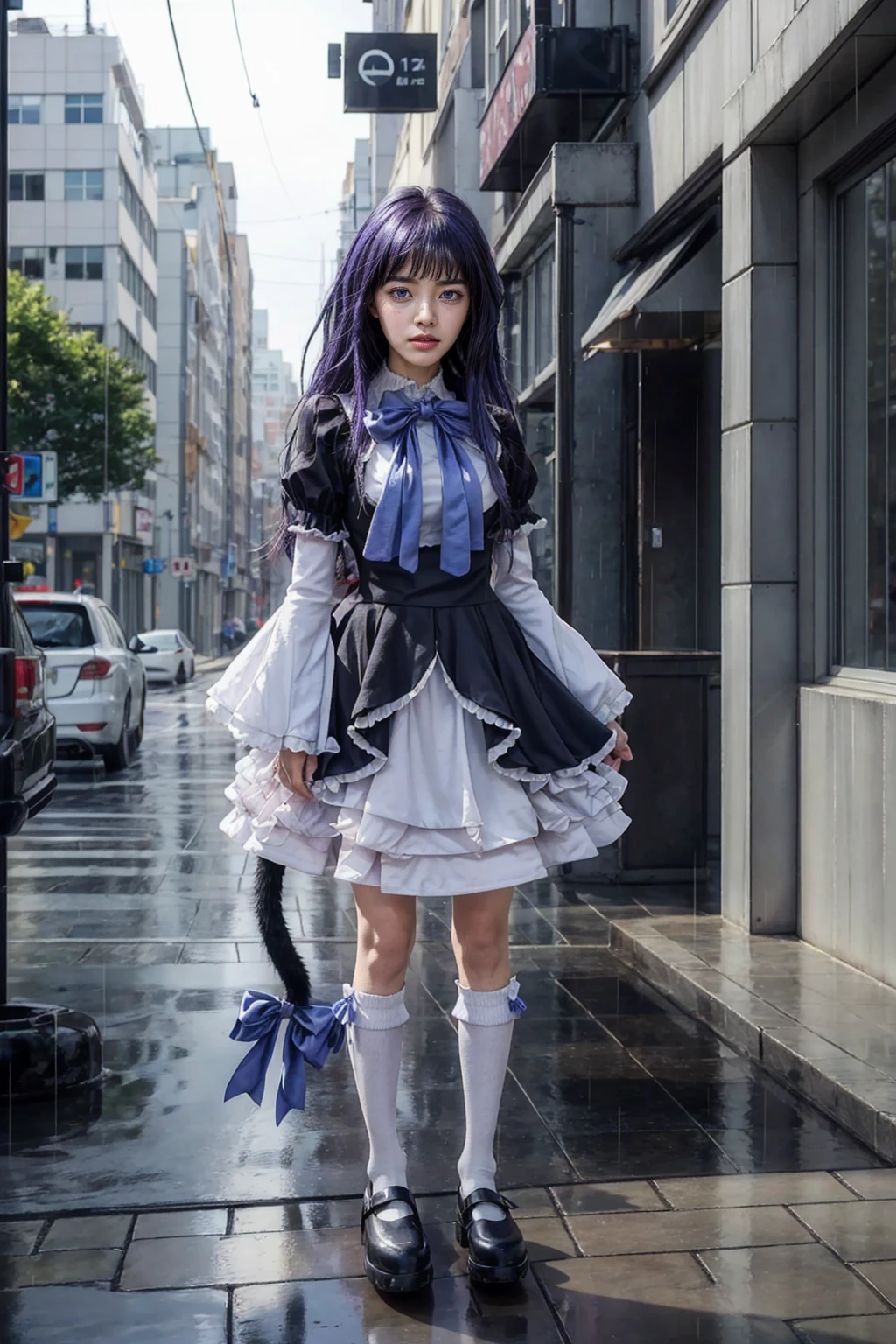 (masterpiece),best quality, frederica bernkastel,dress, tail bow, cat tail, bowtie, purple eyes, purple hair,mary janes, socks, blank eyes, empty eyes, (raining day:1.2), cloud, street, sidewalk, wet clothes, photorealistic, ((16k photography)), detailed face, ((Best Quality, Masterpiece: 1.3)), Sharp Focus: 1.2, A Beautiful Woman with Perfect Figure: 1.4, Slim Abs: 1.2, (Layered Hairstyle,: 1.2)), Rain: 1.3, Street: 1.2, Wet Body: 1.1, Highly Detailed Face and Skin Texture, Detailed Eyes, Double Eyelids, Big Breasts, Smile, irene1, CGI photography hyper realistic