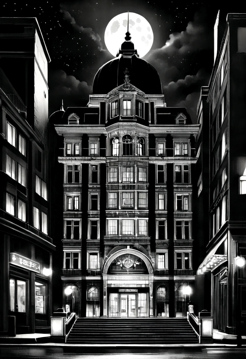 (Realistic construction, rich in details) facade, bright sign written ¨Bank¨, streets, buildings, bank, central bank, 70s, night sky, full moon, lights, night scene, monochrome.