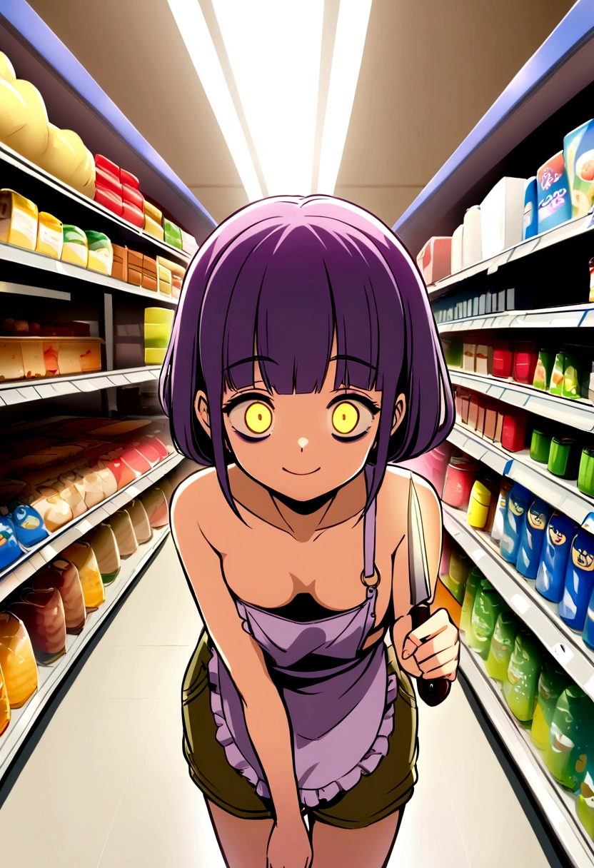 at Walmart, wearing an apron with topless under the apron, wide eyes, blood stains on clothes, short khaki shorts, big evil smile, (holding a knife:1.3), horror Walmart  background, florescent grocery store lighting, deep shadows , extreme details, , complimentary lighting colors, deep skin, , brightly colored composition, "constricted pupils, small pupils, yellow glowing eyes", Slender Girl, OL, JK, purple bags_under_eyes, (
downblouse, BarbaraEvenot, Bags under eyes