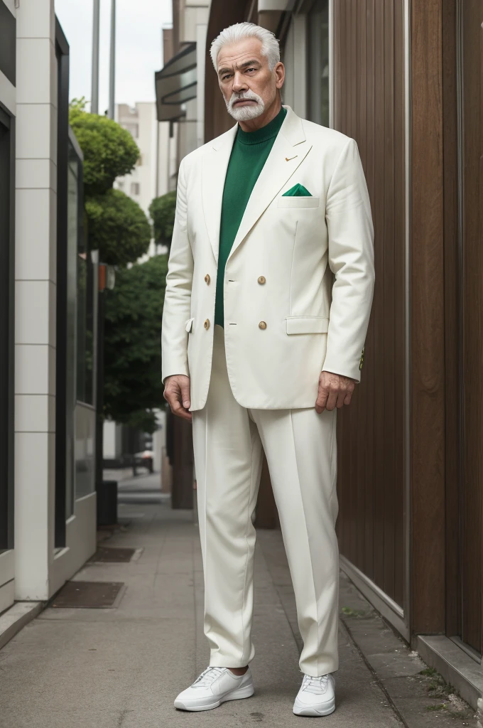 60 year old man , 93kg, damn , offwhite , green eyes full body image