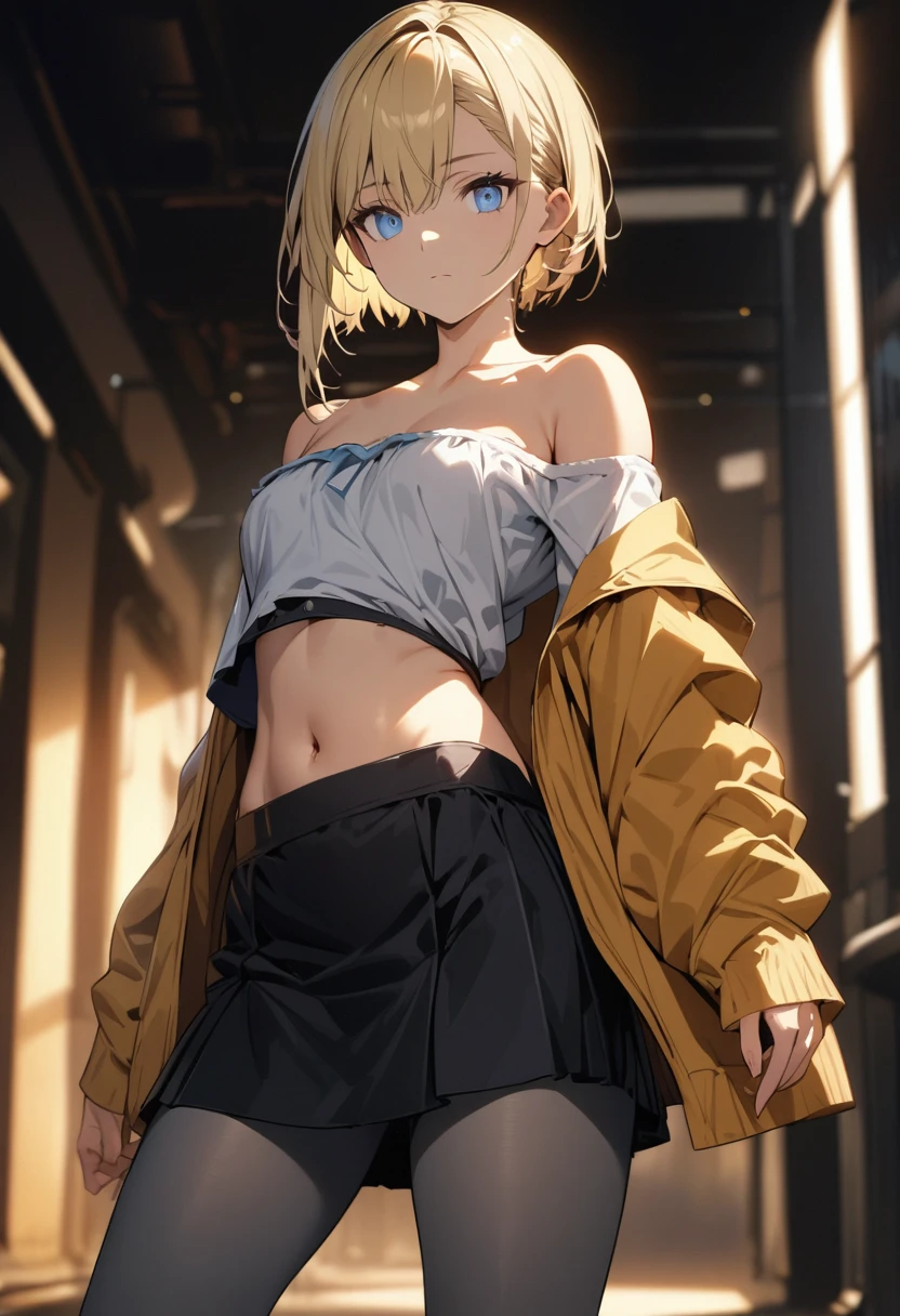 a handsome girl, solo, blond hair, asymmetrical bob, blue eyes, bright eyes, navel, off-shoulder, open hoodie, skirt, gray pantyhose, expressionless, blurry background, perfect lighting, best quality, extremely detailed face, extremely detailed