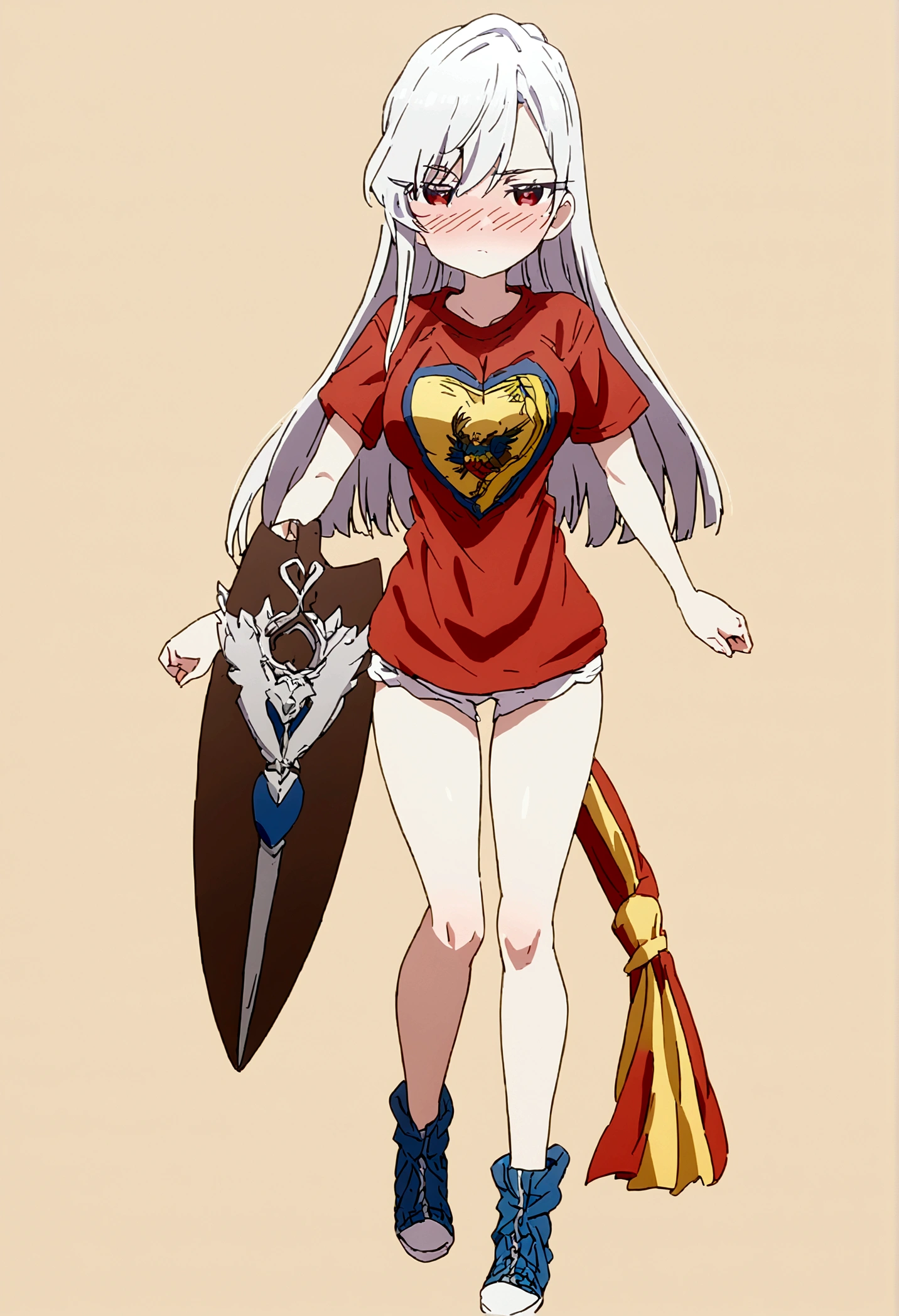 white hair girl (nano) wearing a t-shirt with the colors yellow blue and red with the shield of Ecuador in the center she is blushing and happy wearing the t-shirt she is very sexy full body she takes off the t-shirt and reveals her striking figure