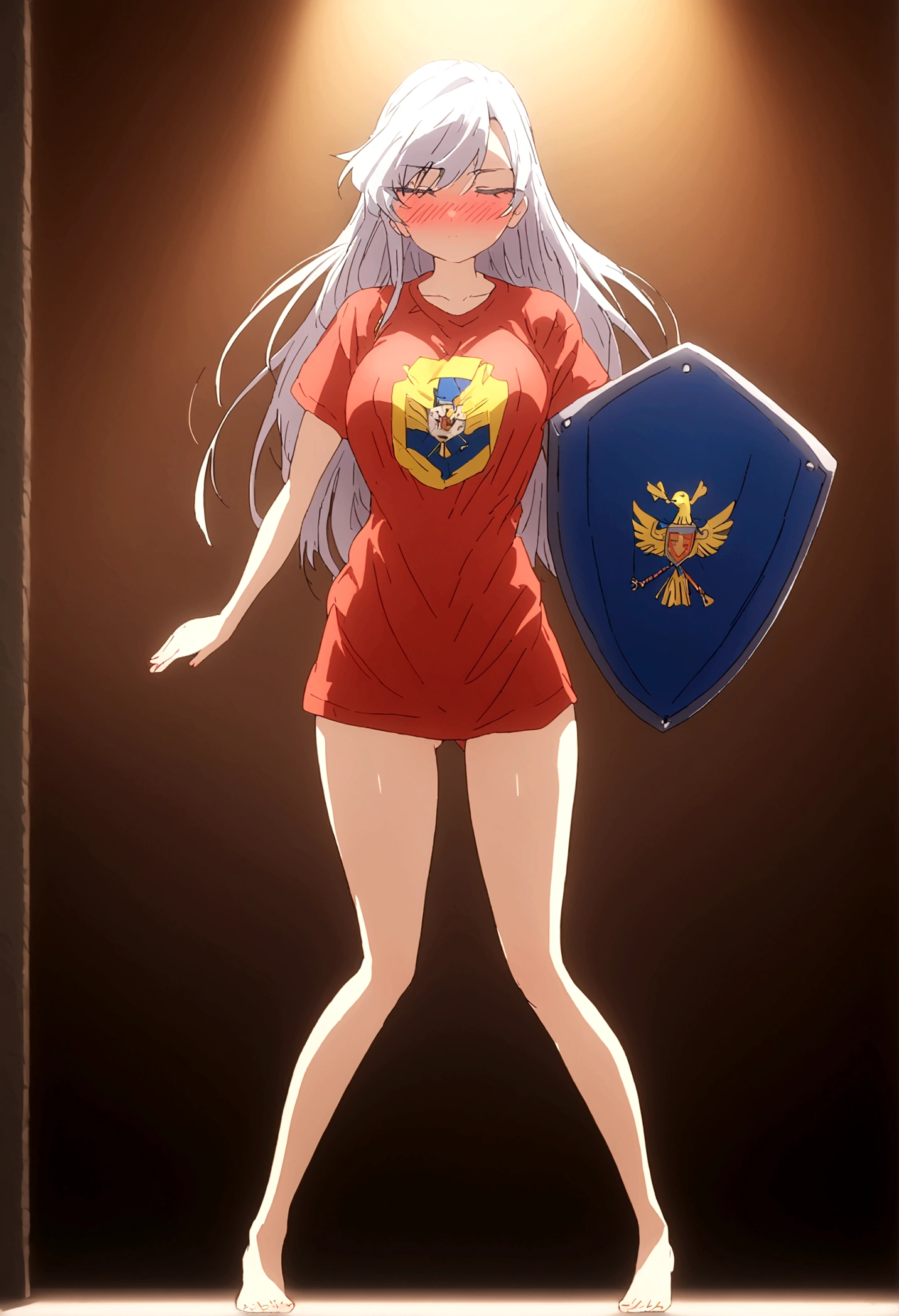 white hair girl (nano) wearing a t-shirt with the colors yellow blue and red with the shield of Ecuador in the center she is blushing and happy wearing the t-shirt she is very sexy full body she takes off the t-shirt and reveals her striking figure