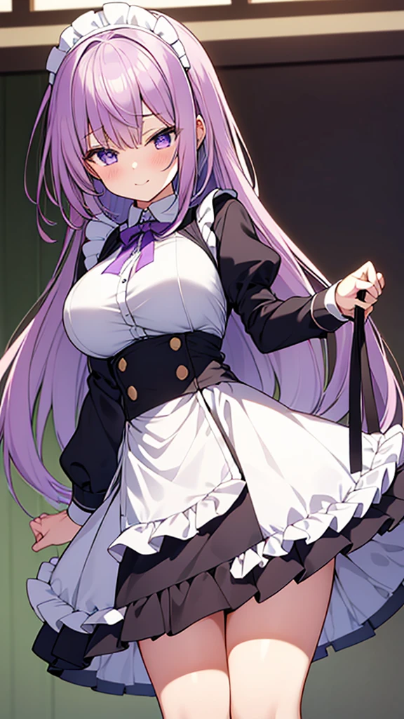 最high quality, high quality, 16K, Ultra-detailed details, pretty girl, alone, beautiful purple hair, Beautiful purple eyes, Big Breasts, A light smile, Maid clothes, I'm lifting my skirt, Striped underwear, My crotch is wet with love juice, {{メイドの顔と服を剥ぎ取って奪いメイドに成り代わってるサキュバス}}, NSFW