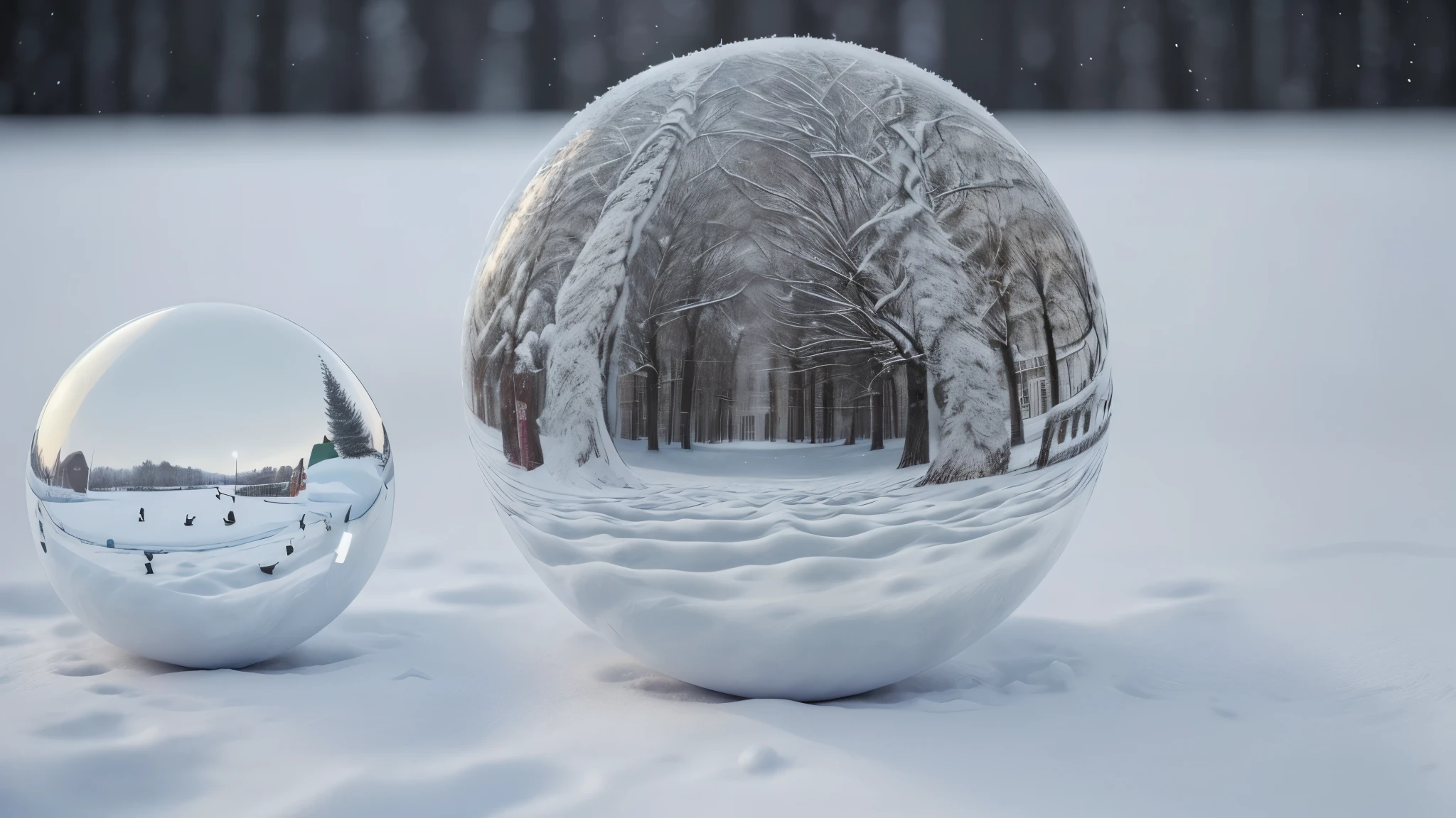 Less blurred background, Digitally created ball, 8K Ball, perfect reflection, christmas background, snowing, Snow on the ground, snow bear in costume behind, infinite
