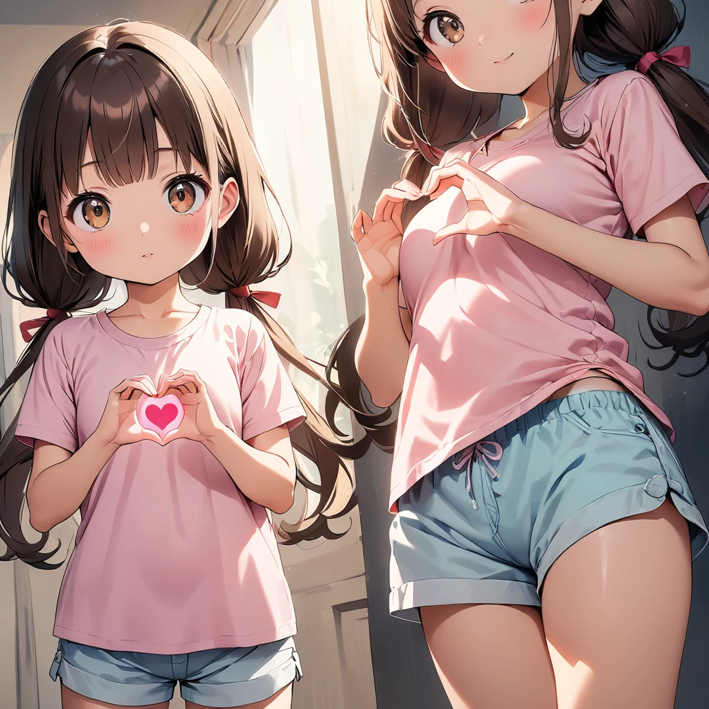 (pastel colour:1.3), (child:0.9), Beautiful illustrations, (Perfect lighting, Natural light), 美しいAttention to detail髪, 美しいAttention to detail顔美しいAttention to detail目, Beautiful clavicle, Beautiful body, Beautiful breasts, Beautiful thighs, Beautiful feet, Beautiful Hands, Cute and symmetrical face, Shiny skin, (Detailed cloth texture:1.2), (Beautiful views), (Upward glance), (Dimples:1.5), (Super Illustration Style:1.3), (Ultra detailed panties:1.5), (Beautiful face details, Real human skin:1.2),
(Pink T-shirt:1.5), (Shorts:2.0), (Heart Hands:1.5),
(1 Girl:1.4), (9 years old, Height 1.2 meters, ぽっちゃり 28Kg, puppet:1.3), (Slightly pinkish orange eyes:1.3), (Dark brown hair:1.7), (Straight hair:1.7), (Low twin tails:1.7), (red hair tie:1.7), (Big and soft breasts, Slender body, Small Ass:1.7), Small nipples, Fair skin, (necklace), (Droopy eyes:1.2),
(Dynamic Angle, Sexy pose:1.4), Side view, (from the front:1.5), whole body, avert your eyes,
Exquisite details, Depth of written boundary, Highest quality, Anatomically correct, Attention to detail, High resolution, 8K,