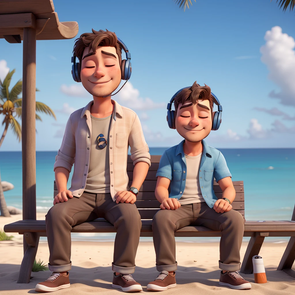 A alone cute men with beared wearing headphones sitting comfortably in the public bench in a beach his eyes are closed , in the back of him theres a big ocean, no one on in the beach except him in casual dress