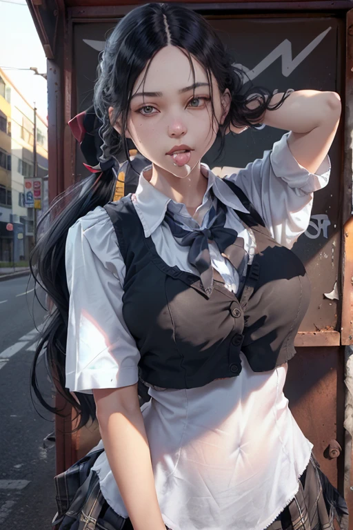 ((best qualityer), (hyperrealisti), mh-yk, Occupation: college student. Appearance: A slender young woman with long black hair styled in twintails. she has fair skin, striking features and intense dark eyes that convey intelligence and focus. Her outfit consists of a white blouse, black vest e plaid hip skirt, highlighting university uniform Clothing: white blouse, black vest, plaid hip skirt (schoolar uniform) funny scene, eating ice cream cone in the park and spills it on his shirt, confused expression. (detailed scene,cinematic,natural lighting)art inspired by Alphonse Mucha