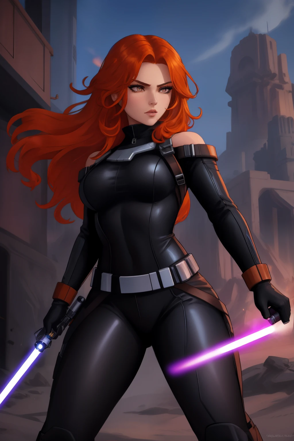 Mara Jade, is depicted wearing her sleek, tight black leather suit, which accentuates her agility and strength. Her orange hair is shoulder length, adding a touch of elegance to her fierce persona. As she holds her purple lightsaber with a tight grip, her intense, piercing eyes convey a mix of determination and alertness. The pose highlights her readiness for action, capturing the essence of her character's blend of grace and lethal skill. The scene often shows her in a dynamic environment, ready to face whatever comes next, embodying the essence of a seasoned Jedi.
