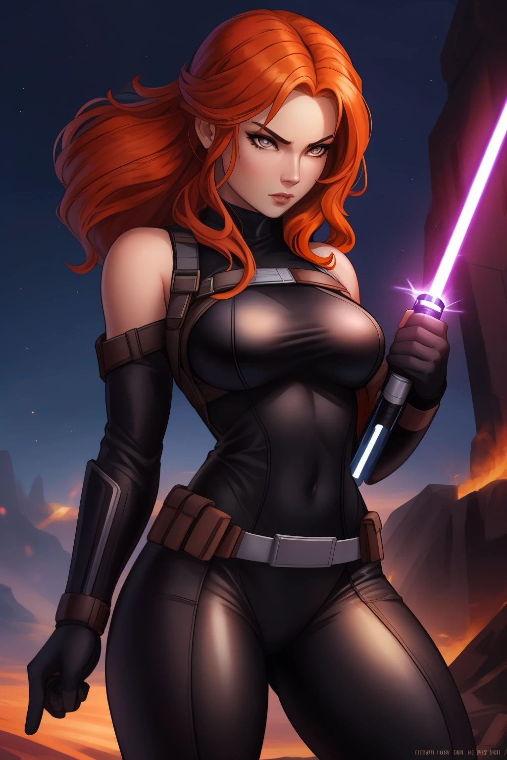 Mara Jade, is depicted wearing her sleek, tight black leather suit, which accentuates her agility and strength. Her orange hair is shoulder length, adding a touch of elegance to her fierce persona. As she holds her purple lightsaber with a tight grip, her intense, piercing eyes convey a mix of determination and alertness. The pose highlights her readiness for action, capturing the essence of her character's blend of grace and lethal skill. The scene often shows her in a dynamic environment, ready to face whatever comes next, embodying the essence of a seasoned Jedi.
