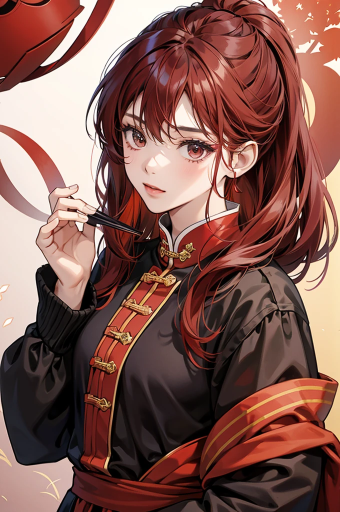 A girl, black and red hair, Chinese girl's hairstyle, casual clothes, face mask, black