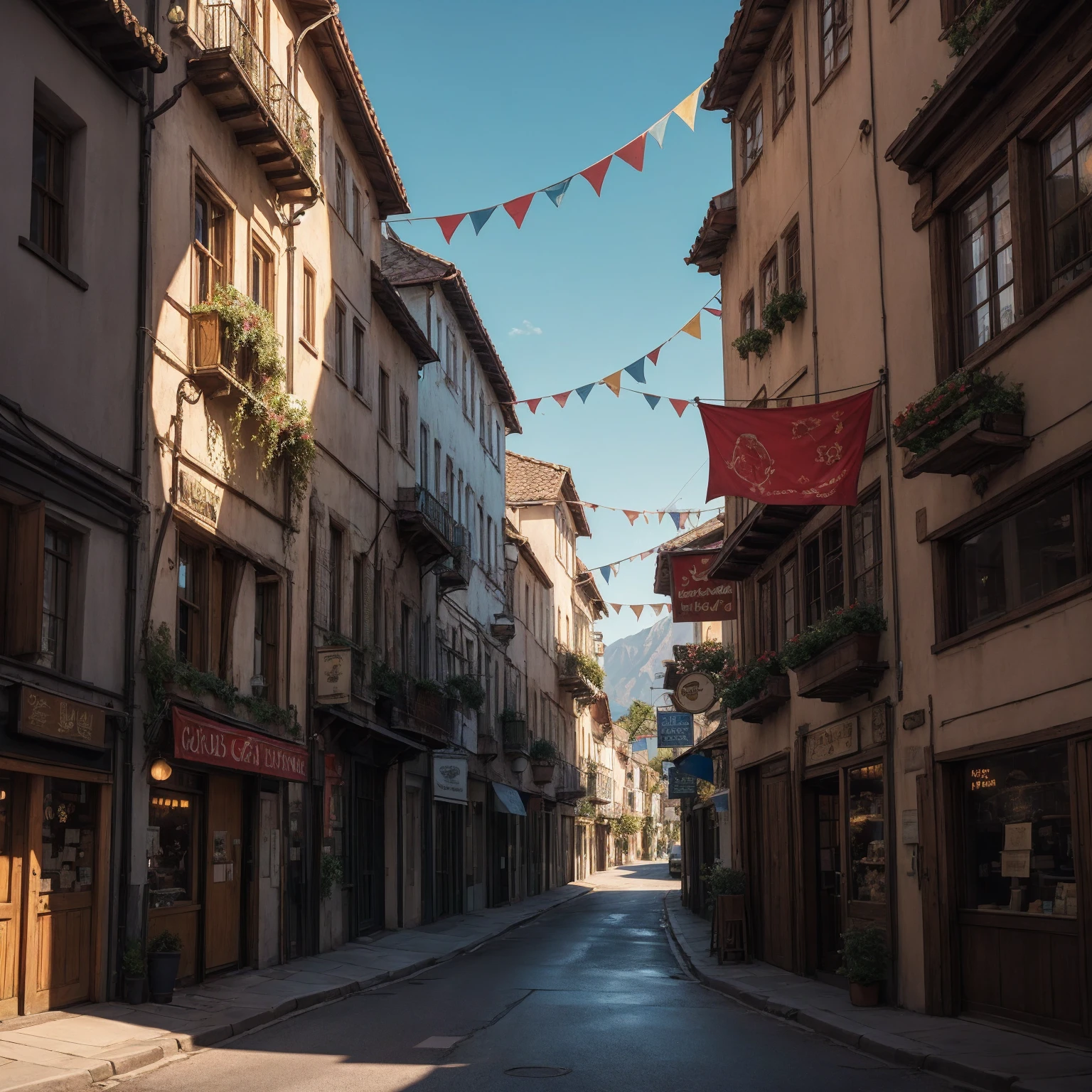 anime background, anime wallpaper, anime, anime style, lofi, lofi style, medieval street, mountains, uphill, medieval architecture, medieval convenience store, big retro medieval shop signs, retro medieval store, trees, plants, rocks, plant pots, shop signs, medieval banners like (guild, blacksmith, alchemist, restaurant), medieval signs, flags, sunrise, golden hour, golden lighting, empty street, no one in sight (no one: 1)