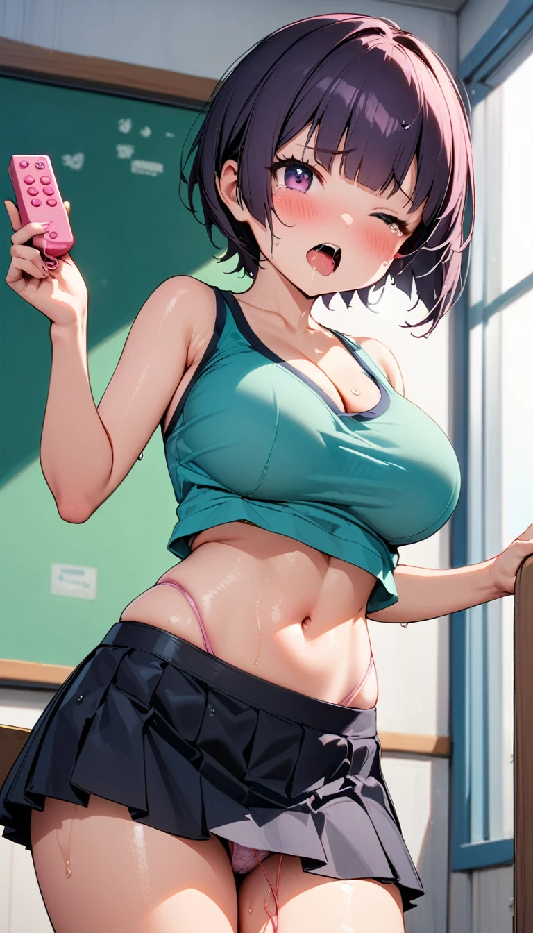 [1girl, Senju Muramasa, eromanga sensei], (throw_hand, pink vibrator remote switch in throw_hand, throw:1.2), Highest quality, Super detailed, masterpiece, Ultra-high resolution, 8K, Ridiculous, Cowboy Shooting, Blurred, One girl, Focus on the girl, Embarrassing, blush, Lovely, Close one eye, With tears in her eyes and her mouth open, What saliva leaves behind, Wet skirt hem, (Sticky panties:1.1), Bulging of the vibrator cord, Vibrator with Garters, (cleavage), Classroom Background, The skirt is accidentally exposed,(large breasts), (crop top navel), (waist line), Accidentally exposed panties
