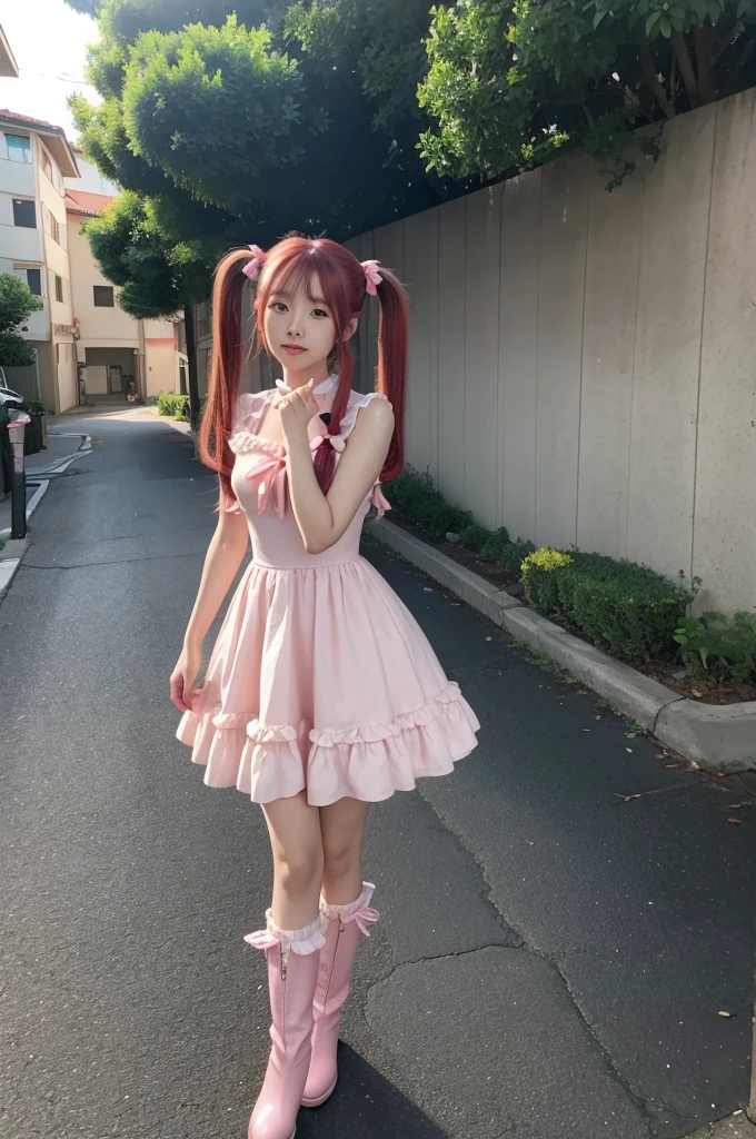 A woman posing in a pink dress and pink boots. Red hair long hair,((Twin Tails)),Katsuragi Misato, The best girl in anime, Misaki Juri, Guang Huili, Anime vtuber full body model, Best Animated Character Design, Anime Girl Named Lucy, Anime Girl from the Future, (Anime Girl), My dress up dear anime, Kitagawa Ocean Fan Art