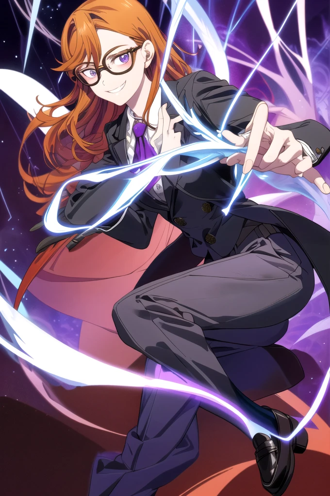 Beautiful young girl  orange hair and glasses。Eyes are purple。Black coat with classic design decorations、white gloves。Grinning, he holds out his right hand and manipulates purple lightning magic.。The background is a purple magic square。Tarot-like atmosphere,pants black,shoes loafers