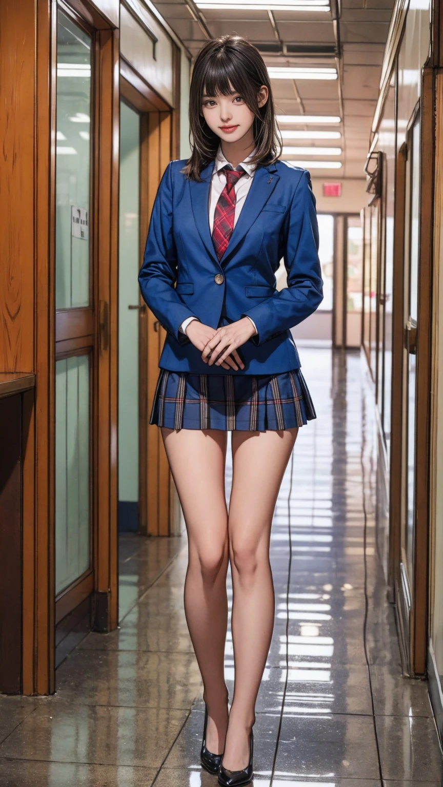 ((masterpiece)),(((Highest quality))),Thin thighs,Long legs,Girl standing in school corridor,Red Tie Uniform,Dark Blue Blazer,Blue plaid skirt,18-year-old,bangs,A small smile,Random Pause，pretty girl，Slender girl，セクシーRandom Pause:1.2