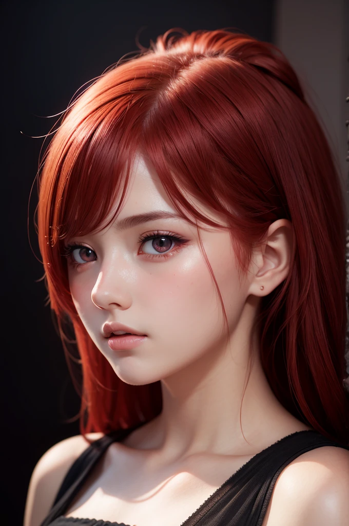 1 girl, star eye, blush, perfect lighting, Red hair, Eyes red, engine unreal, side lighting, face detailed, bangss, shining skin, simple background, darkness background
