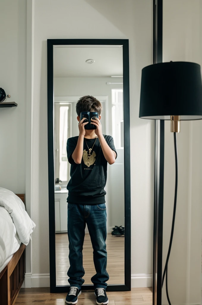 A 15 year boy standing in front of mirror reflicting i phone holding i phone less blur covering face with i phone