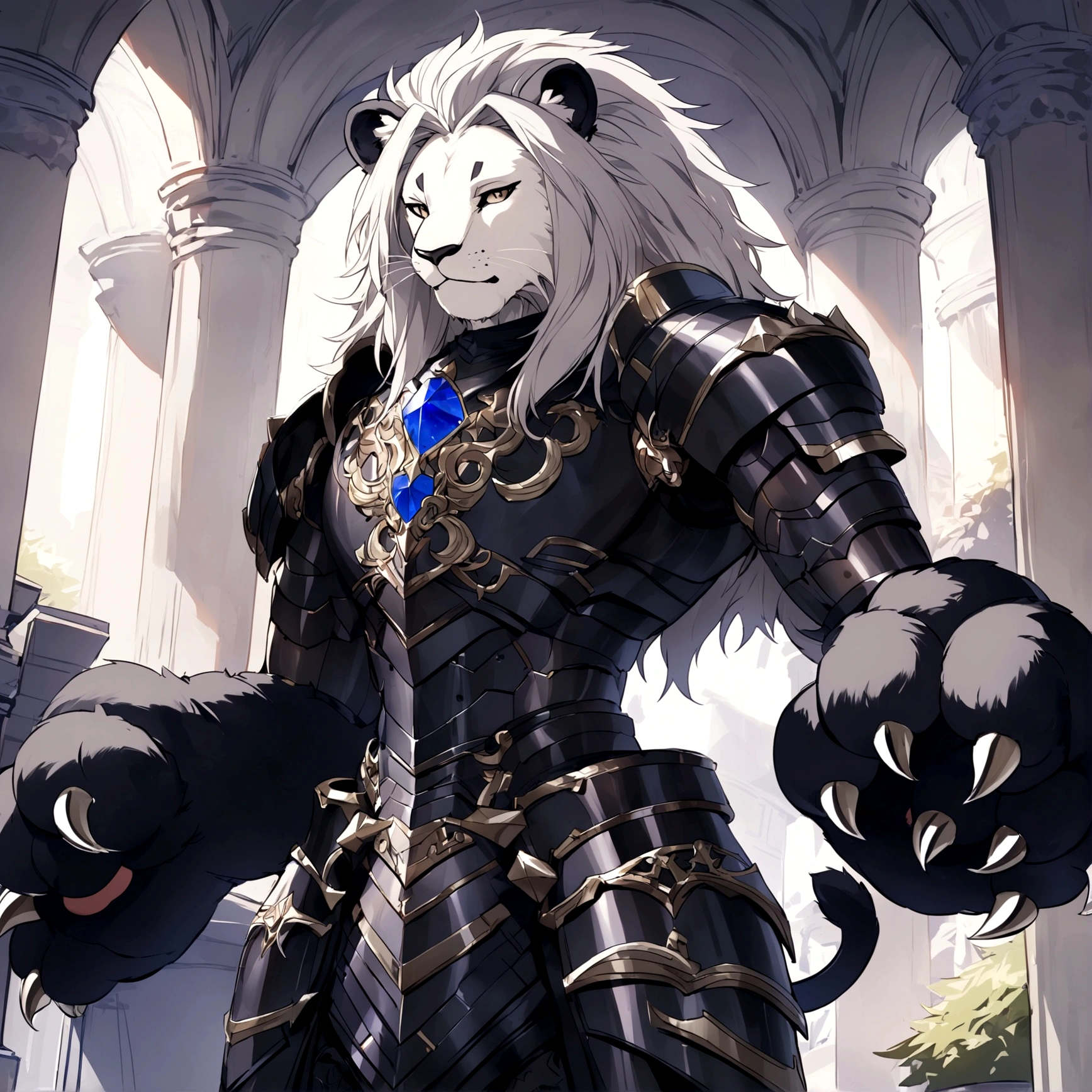 good quality, humanoid gray lion, Furry, a gray lush mane, black armor, Combat armor, A lot of growth, claws, (Lion's paws:1.5)