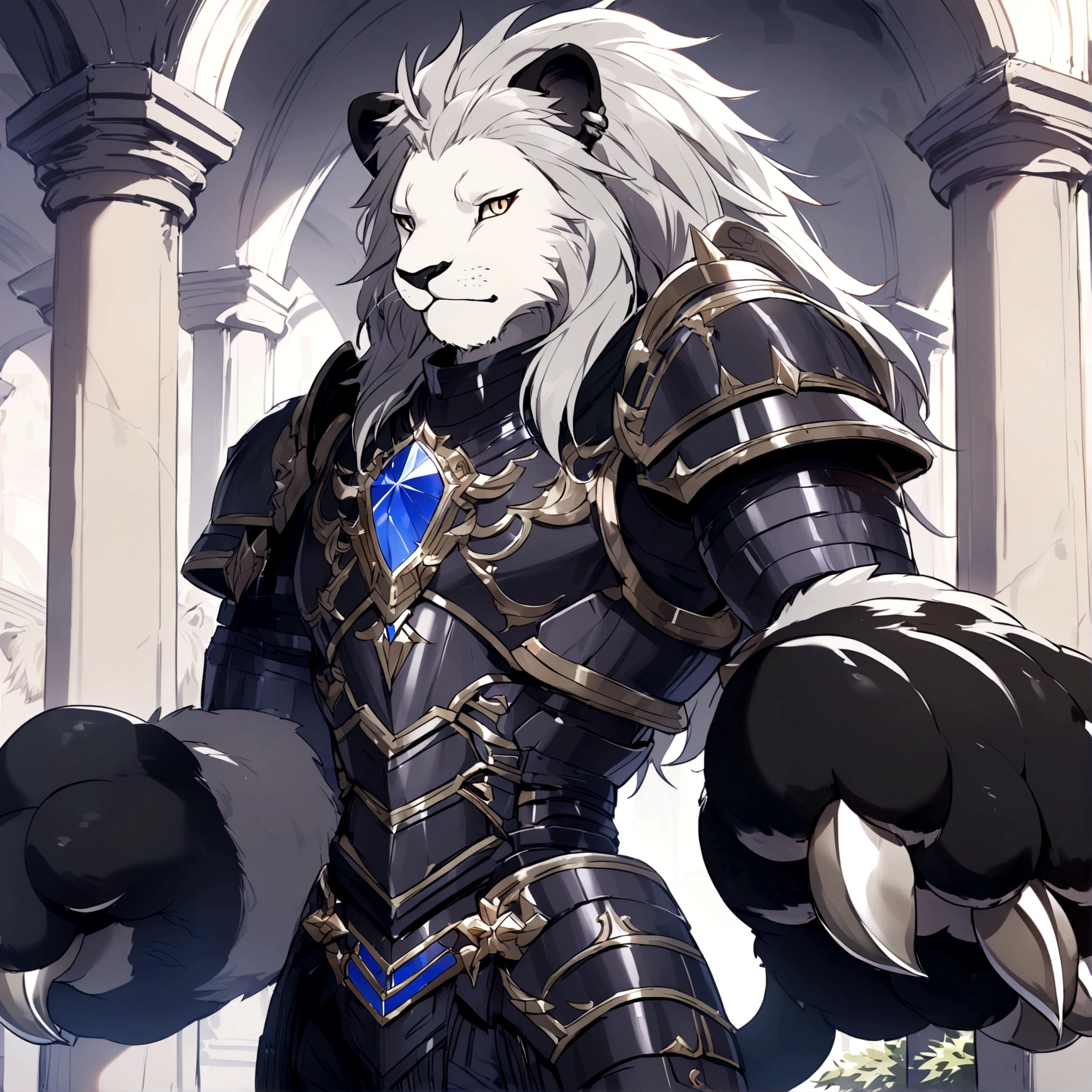 good quality, humanoid gray lion, Furry, a gray lush mane, black armor, Combat armor, A lot of growth, claws, (Lion's paws:1.5)