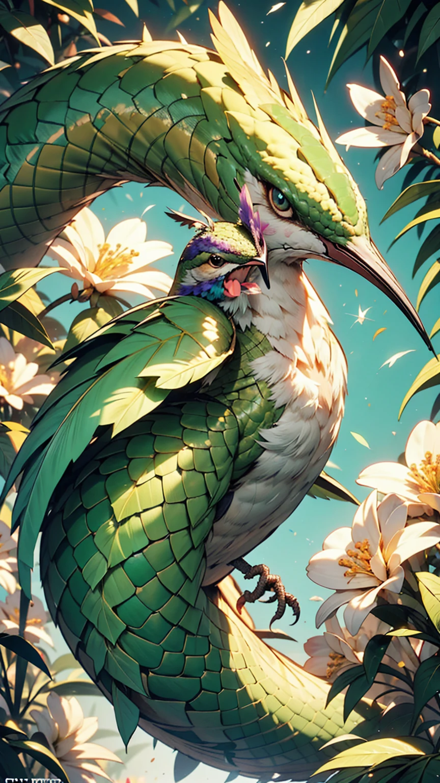 In this tattoo design, Creating a surreal creature that combines the characteristics of a hummingbird, Snake, andサボテン, It features intricate details such as iridescent feathers., Bright green scales and spines, and、Delicate flowers bloom from the creature's spiny body., Against a dark and gloomy background with sunset hues, Create captivating and unforgettable images. 24-year-old female、Tattoo on the back