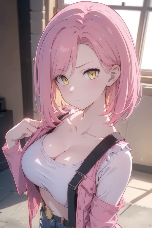 (8k, photo and gross, Best Quality, Masterpiece), ultra high resolution, (realist, photo-realist), 1 girl, emotionless, Alone, pink hair, yellow eyes, Professional lighting, detailed lighting, backlight, depth of field, natural lighting, sharp focus, shooting distance of two meters, Professional photo session, detailed eyes, realist eyes, detailed shadow, computer generated game, cosplay, pink clothes with arm ring, suspenders, Upper part of the body, pink clothes, exterior, corona, Gundam, mecha, robot busty