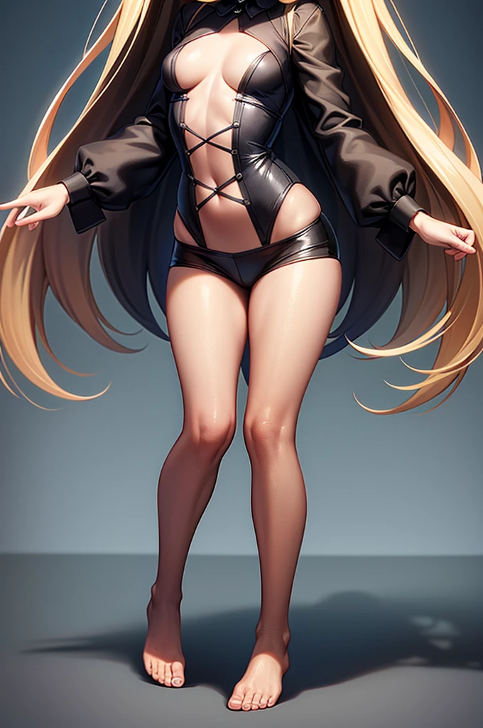 (Black pantyhose),barefoot,Naked,Cute little ,Tiny ,Small girl,,Childish face, Very fine clean face,Top quality,Straight Hair,Yellow hair,(Dark Room), Subtle light, Natural light,Soft lighting,Light from directly behind, (Are standing),Front view,Black background