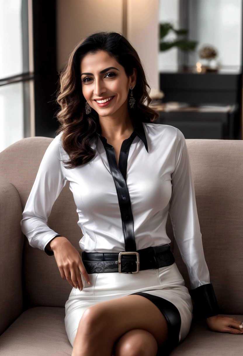 40-year-old arabic woman Sexy Tight white satin shirt Black leather skirt Long sexy legs Smile Sofa Living room