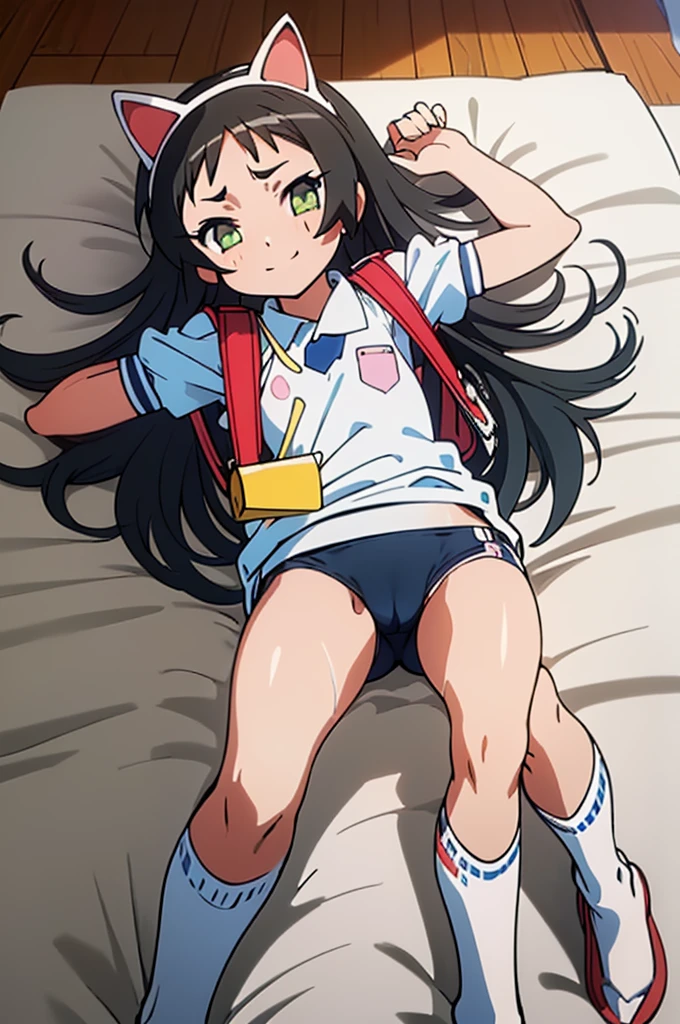 masterpiece, ultra quality, ultra sharp, ultra detailed, 1girl, solo, (((good anatomy))), haduki kurumi, (tattered torn dripping wet white gym shirt), navy gym pants, animal ears, randoseru, name tag, Japanese anime pose, laugh, BurumaShorts, Buruma, Gym Uniform, (((lying:1.4, spread_legs, legspread, split_legs, spreading legs)), (randoseru backpack:1.4), (smug smile), buruma, blue buruma, black buruma, (cameltoe), (tattered torn short sleeve white gym uniform with colored hem), (tiny nipples), (white long loose socks), strong lighting, legspread, bukkake, cum on clothes, cum on legs, cum on buruma, cum on bloomers,