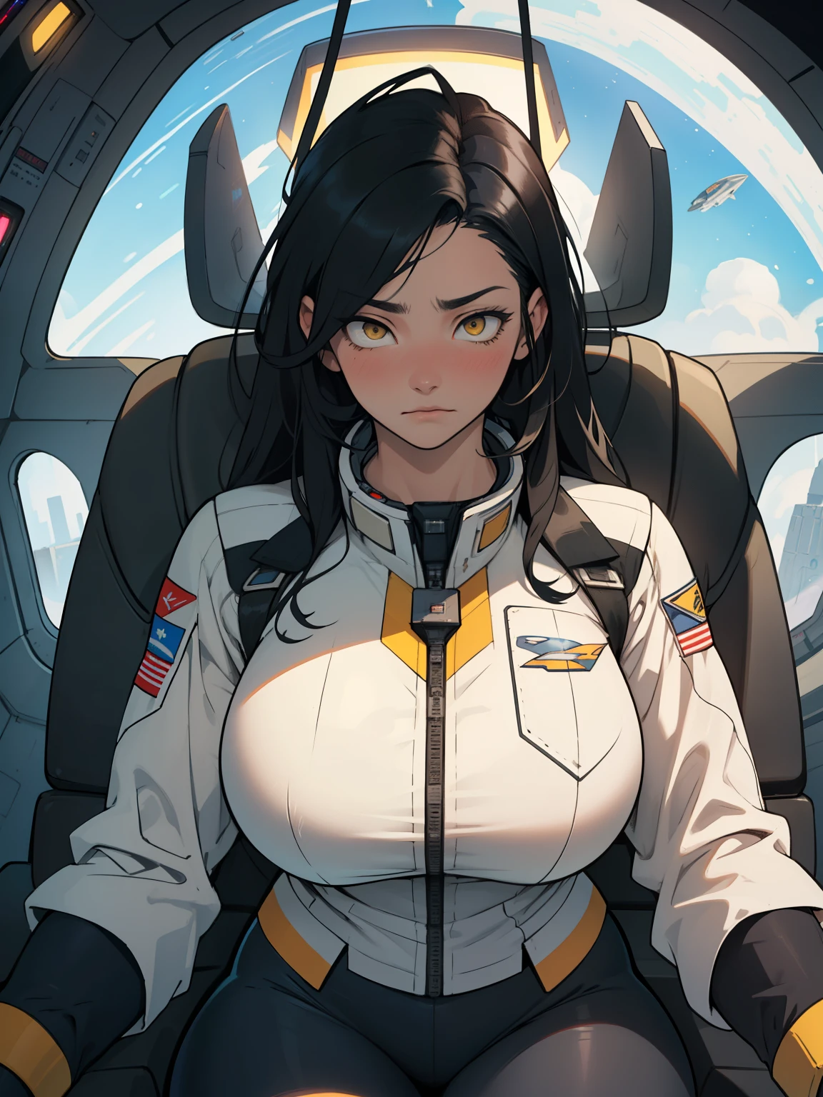 1girl solo black hair yellow eyes very long hair pale skin muscular muscular muscular muscular toned body huge muscles thick thighs girl tight clothes blushing messy hair leggings tight shirt long sleeves thick thick thick thick thick thick (piloting spaceship) (piloting spaceship) (piloting spaceship) (piloting spaceship) (piloting spaceship) (piloting spaceship) (piloting spaceship) expressionless sad