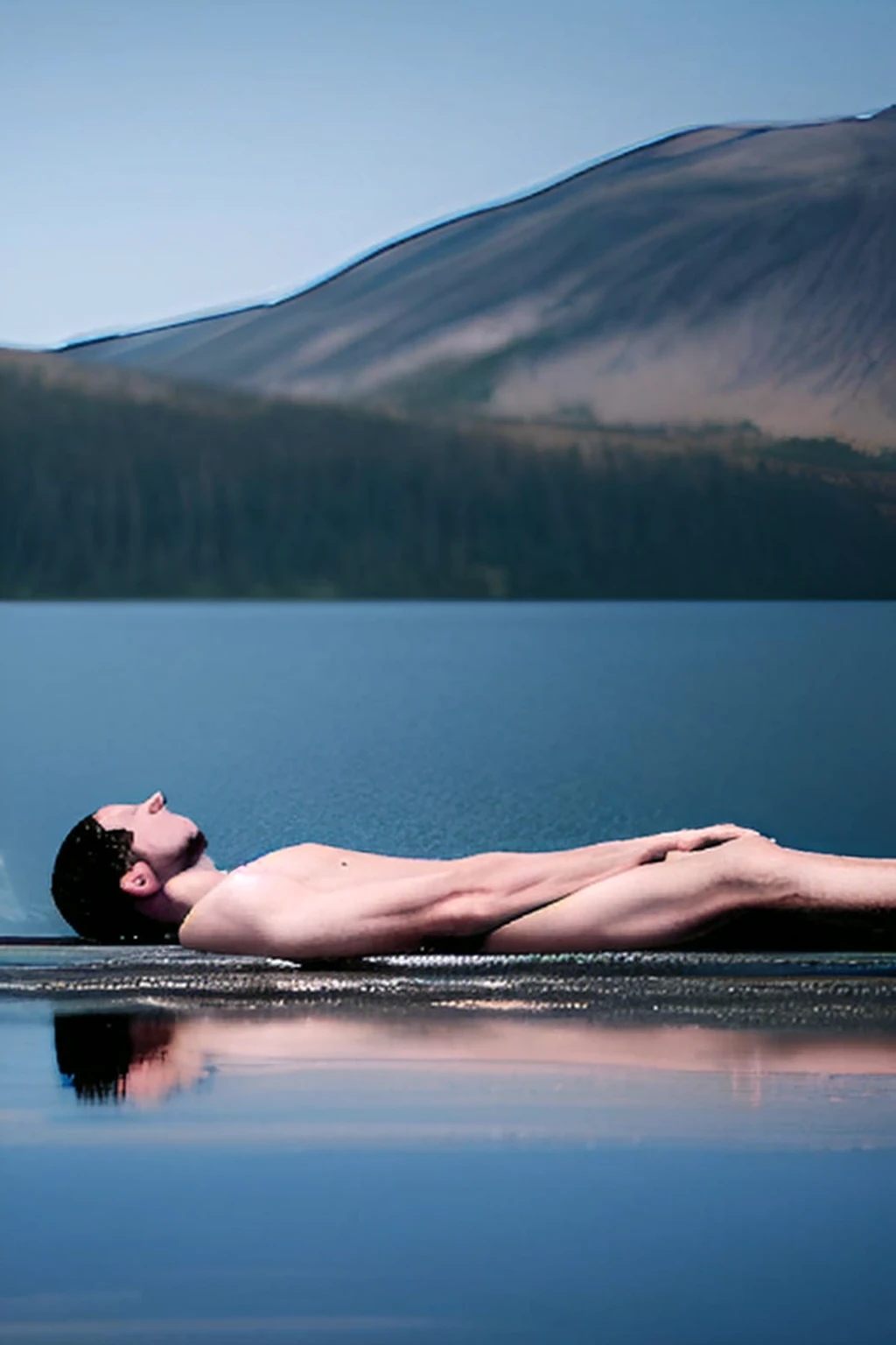 There is a man lying on a dock with a dog in the water, floating in a powerful zen state, body in water, inspired by Ren Hang, Lying in a summary, by Jan Rustem, in ren style hang, in a lake, lying down, Ryan McGinley, in a lake, full body photography, dramatic floating pose, Floating in the water