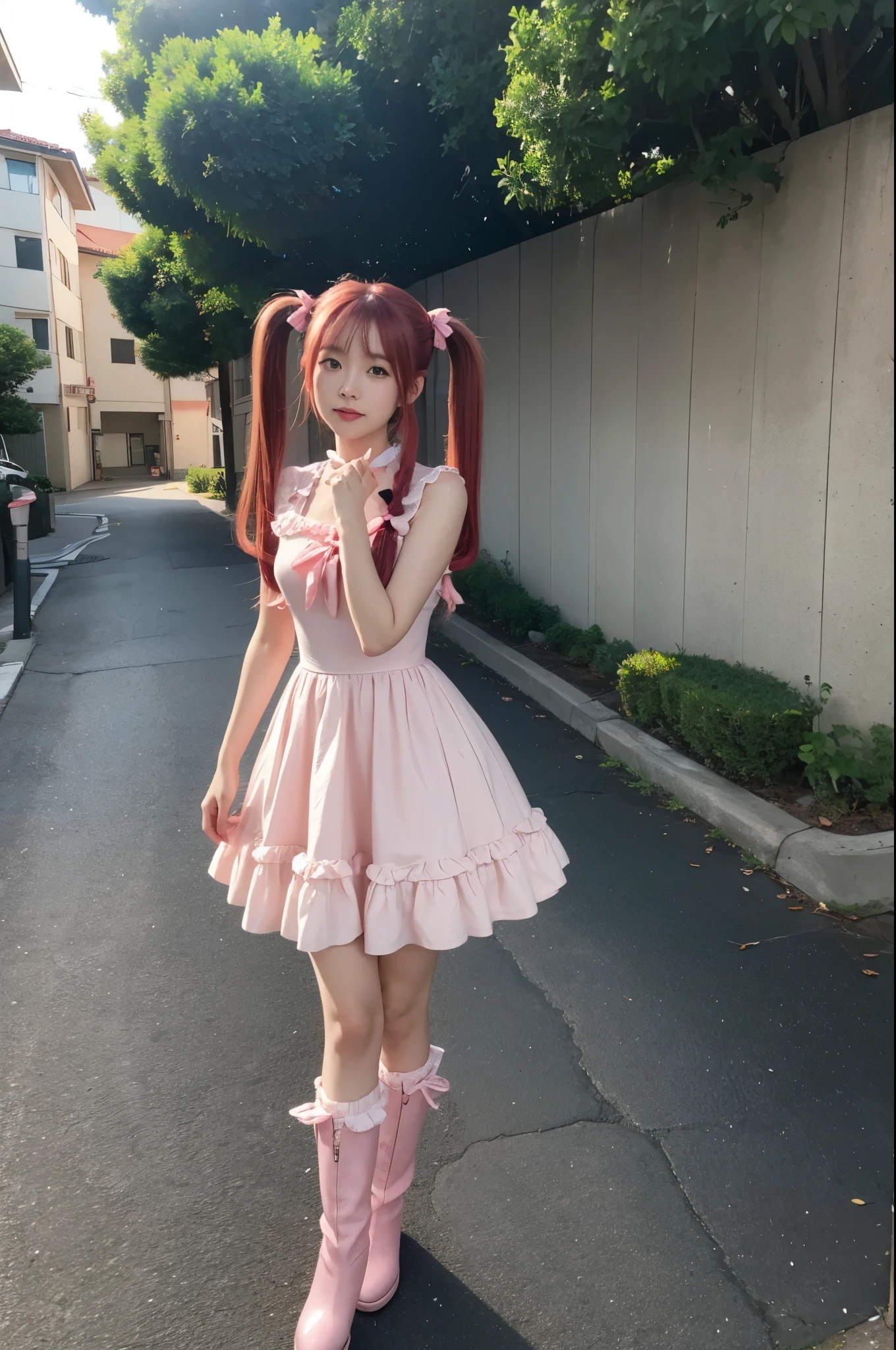 A woman posing in a pink dress and pink boots. Red hair long hair,((Twin Tails))，Katsuragi Misato, The best girl in anime, Misaki Juri, Guang Huili, Anime vtuber full body model, Best Animated Character Design, Anime Girl Named Lucy, Anime Girl from the Future, (Anime Girl), My dress up dear anime, Kitagawa Ocean Fan Art