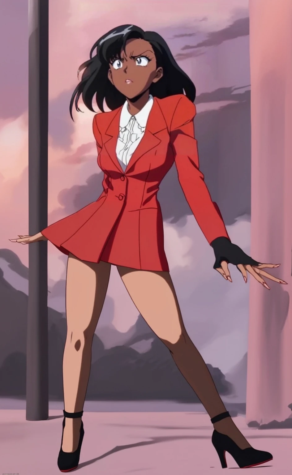 EVIL BLACK BUSINESS WOMAN WEARING A BLOUSE WITH A RED SKIRT SUIT 90s ANIME ARTSTYLE WITH RED HEELS FULL BODY