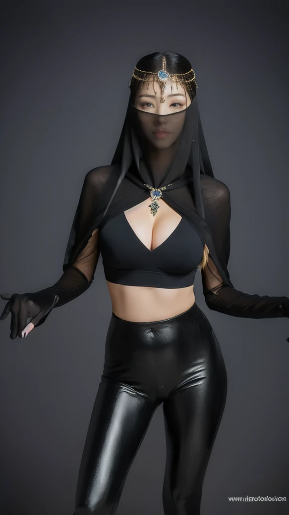 (lifelike, high - resolution:1.3),full body , 1 girl with a perfect body, Super fine face and eyes,slong hair, diamond midriff of black colors:1.2, black shiny leggings,face veil, big boob,Expose cleavage, ninja pose, satin gloves.