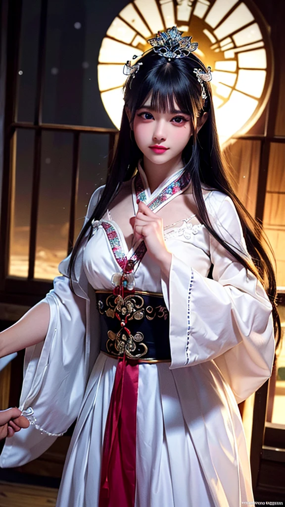 ((best quality, masterpiece meticulous eyes, sharp focus, bright colors, extreme details)), Upper Body, Eastern, Chinese (Medusa). image (Queen), Express (cold), 8K,, Chinese fantasy costumes (Oriental white long skirt), shawl, Waist Ribbon, headgear (ring), snow Mountain (Mountain), snow, Permanent, night,
