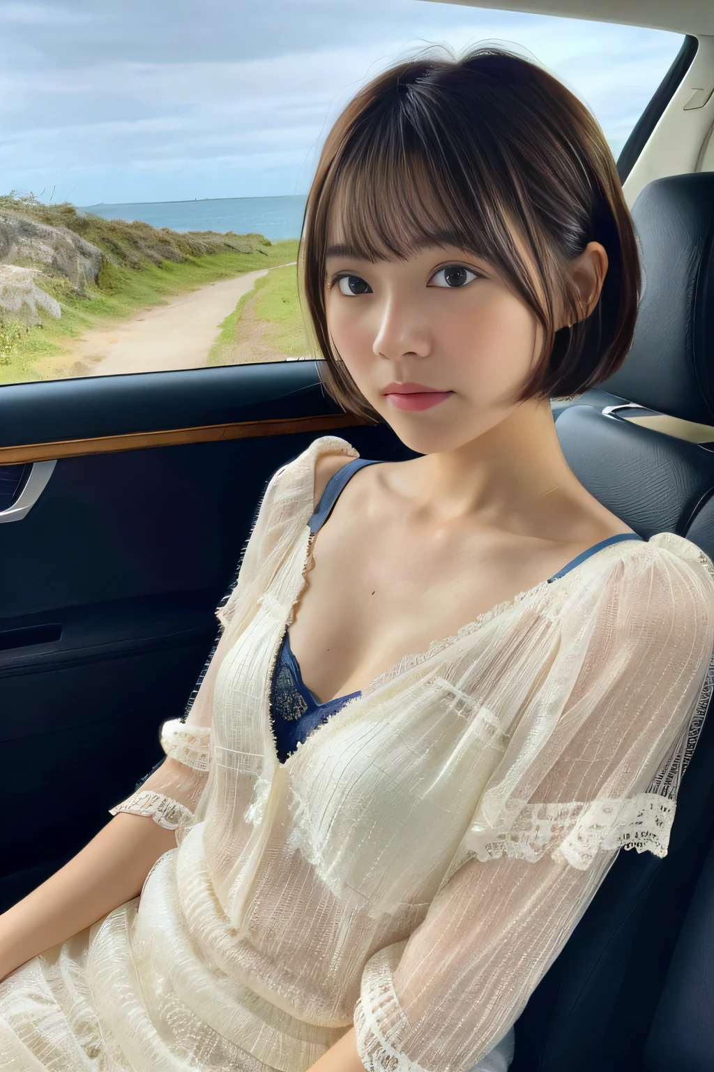 Car ride along the coast、evening、Lace Underwear、Her hairstyle is a short bob with bangs.、