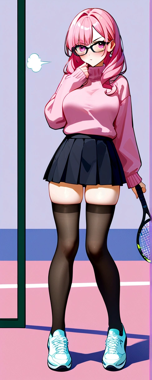 pink hair black glasses pink eyes extremely blushing a big pink sweater short black skirt black stockings white tennis shoes that is a reserved girl that is pouting