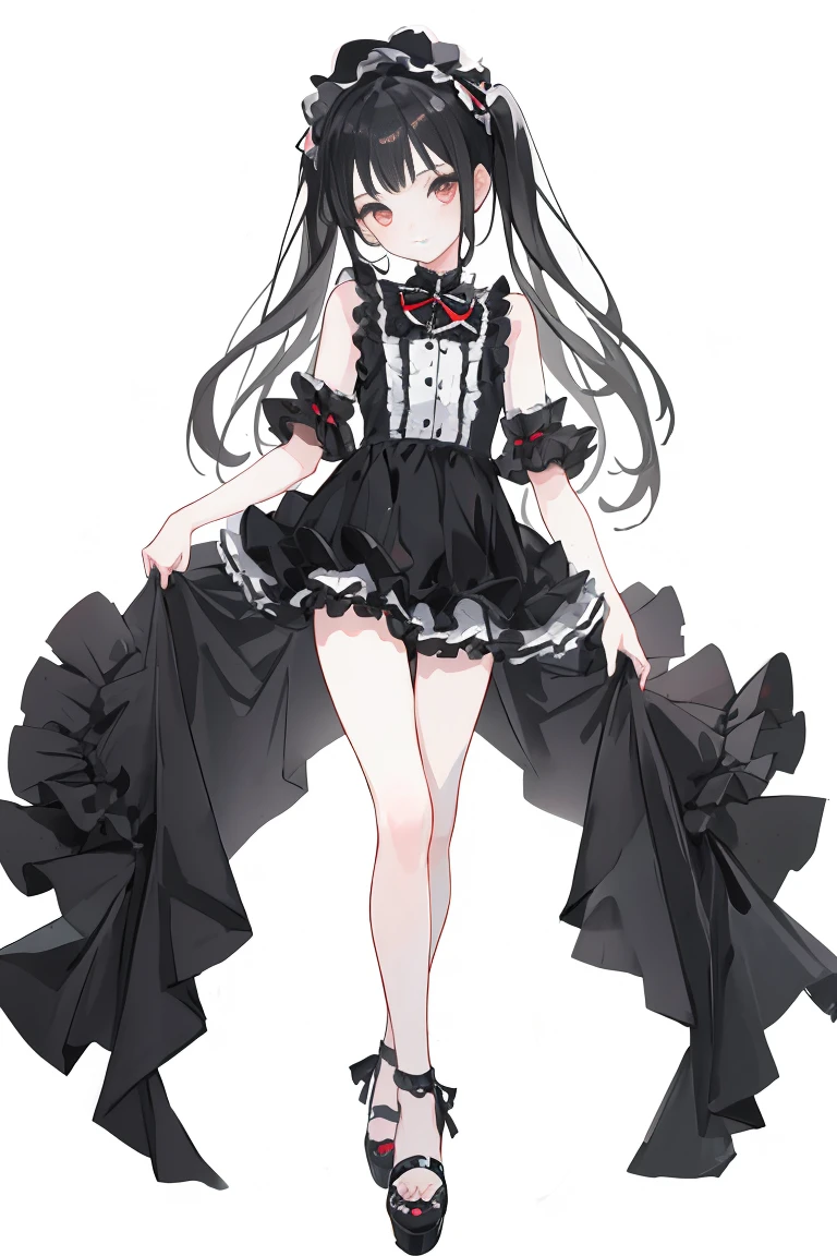(1 Boy), solo, Full-body portrait, Lolita , Cute ,Black frilly swimsuit,Cute pose、Standing、White background, beautiful painting style, The Style, masterpiece, Top Quality, Highest quality, Ultra-high resolution with beautifully detailed lighting,