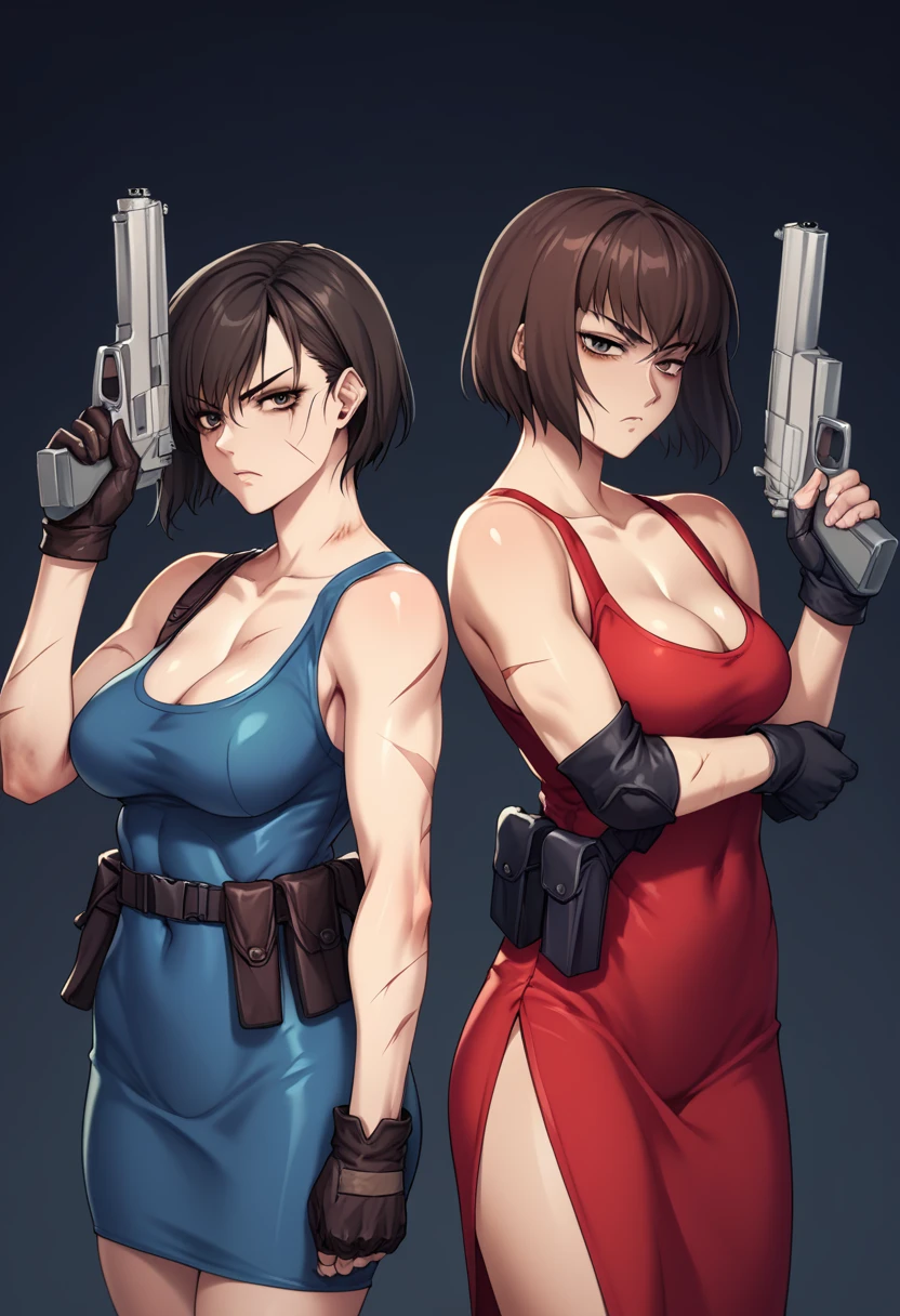 h1k4g3_31j1, score_9, score_8_up, score_7_up, 2girls, duo, brown hair, short hair, black hair, bob cut, blue tank top, red dress, tight dress, cleavage, holding gun, straps, holster, black gloves, combat, scars, bruises, indoor, intense, serious expressions, looking at viewer, dark background, dramatic lighting, post-apocalyptic