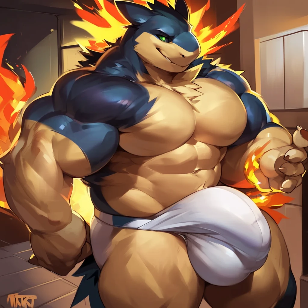 Solo, Anthro, male (((typhlosion, pokemon, green eyes, black sclera, muscular, huge muscular, broad shoulders, big pecs, abs, fire moehawk, fire mane, black body, black fur, tan body, tan abdomen, tan pecs, veiny muscles, muscular neck, arm tuft, facial tuft, white briefs, big bulge))) standing, smirking, bathroom, defined muscular, perfect anatomy, full body, by darkgem, by mystikfox61, by glitter trap boy