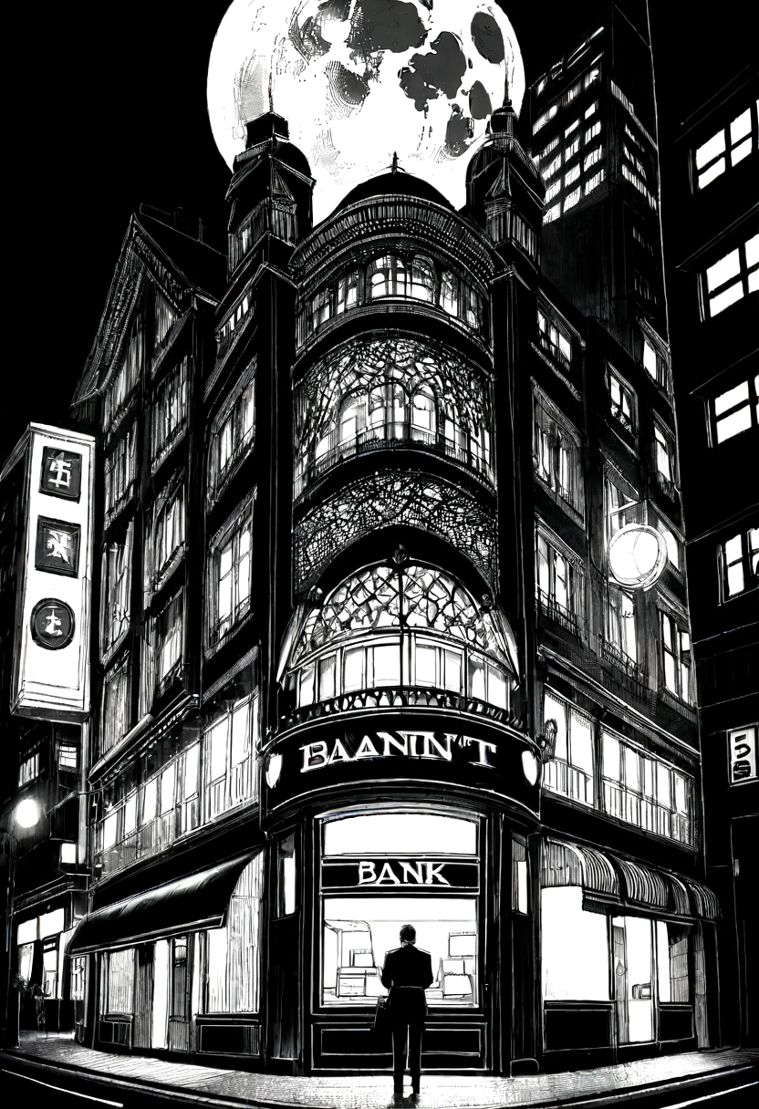 (Realistic construction, rich in details) facade, bright sign written ¨Bank¨, streets, buildings, bank, central bank, 70s, night sky, small full moon, lights, night scene, monochrome.