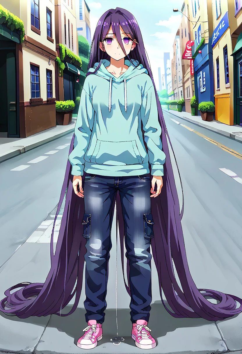 (masterpiece:1.37), best quality, (extremely detailed:1.37) woman, (adult:1.5), (very long hair:1.5), dark purple hair, purple eyes, (extremely detailed eyes:1.37), breasts, hoodie, jeans, (wetting:2.0), standing straight, full body day, daytime, glow, facing viewer, perfect composition, full body, city, street, anime style