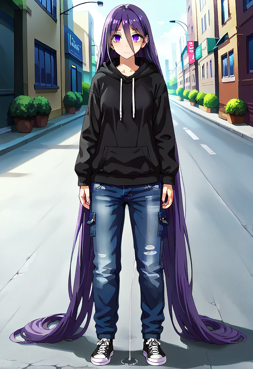 (masterpiece:1.37), best quality, (extremely detailed:1.37) woman, (adult:1.5), (very long hair:1.5), dark purple hair, purple eyes, (extremely detailed eyes:1.37), breasts, hoodie, jeans, (wetting:2.0), standing straight, full body day, daytime, glow, facing viewer, perfect composition, full body, city, street, anime style