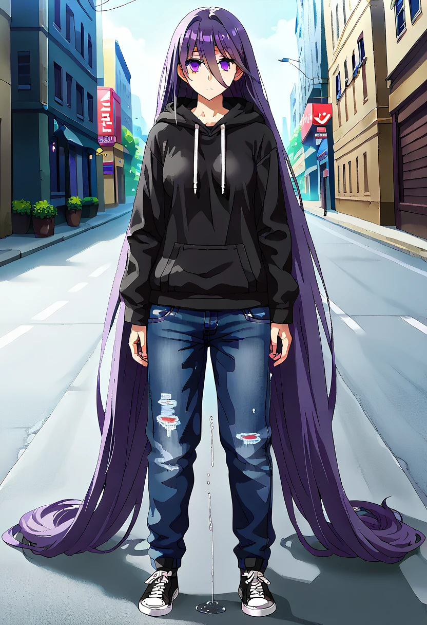 (masterpiece:1.37), best quality, (extremely detailed:1.37) woman, (adult:1.5), (very long hair:1.5), dark purple hair, purple eyes, (extremely detailed eyes:1.37), breasts, hoodie, jeans, (wetting:2.0), standing straight, full body day, daytime, glow, facing viewer, perfect composition, full body, city, street, anime style