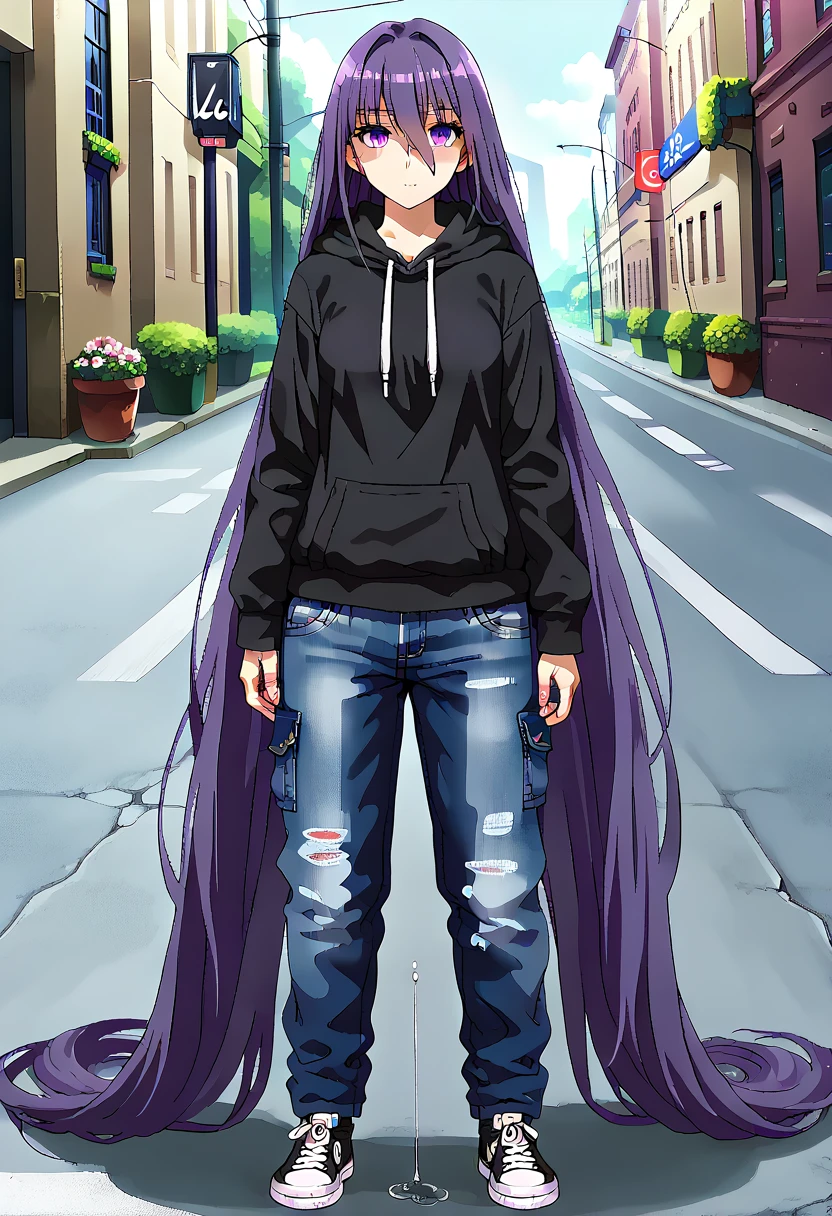 (masterpiece:1.37), best quality, (extremely detailed:1.37) woman, (adult:1.5), (very long hair:1.5), dark purple hair, purple eyes, (extremely detailed eyes:1.37), breasts, hoodie, jeans, (wetting:2.0), standing straight, full body day, daytime, glow, facing viewer, perfect composition, full body, city, street, anime style
