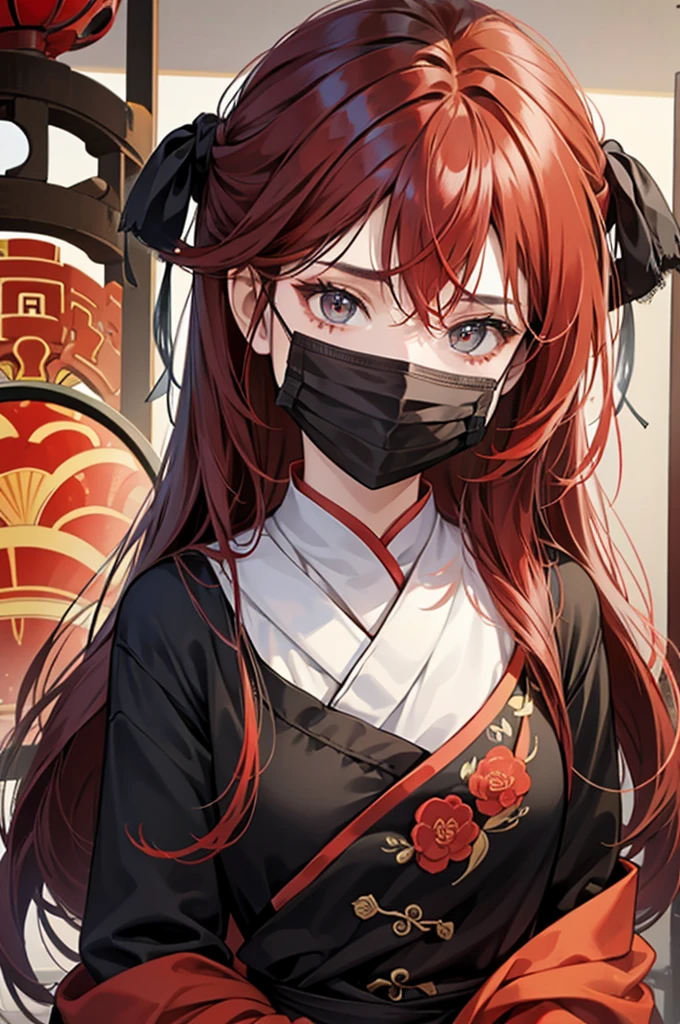 A girl, black and red hair, Chinese girl's hairstyle, casual clothes, face mask, black